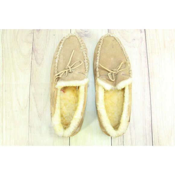 LL Bean Men’s Brown Suede Shearling Lined Moccasin Slippers Size 12 M - Picture 7 of 9